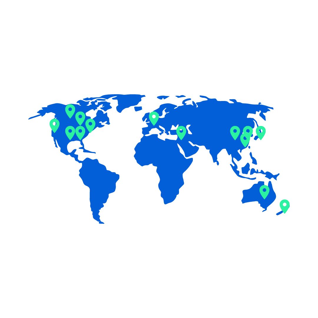 Bright blue drawing of world map with bright light green pins indicating locations of RIE® Associates around the globe