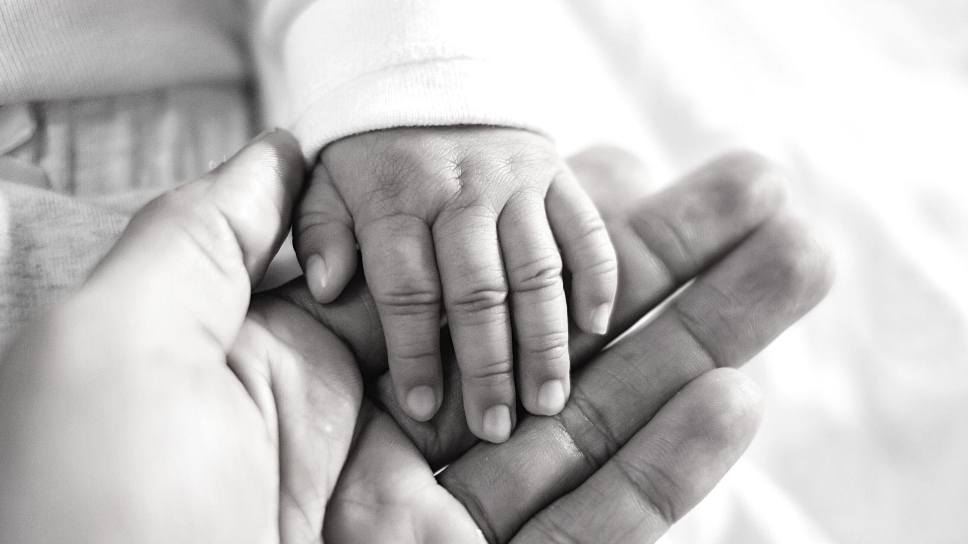 BW photo of an adult hand with palm facing upwards holding an infant's hand